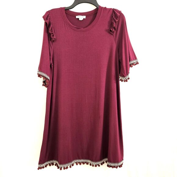 LOVERICHE Dress Womens MEDIUM Red Burgandy Pompom Mini Knit - Picture 3 of 10
